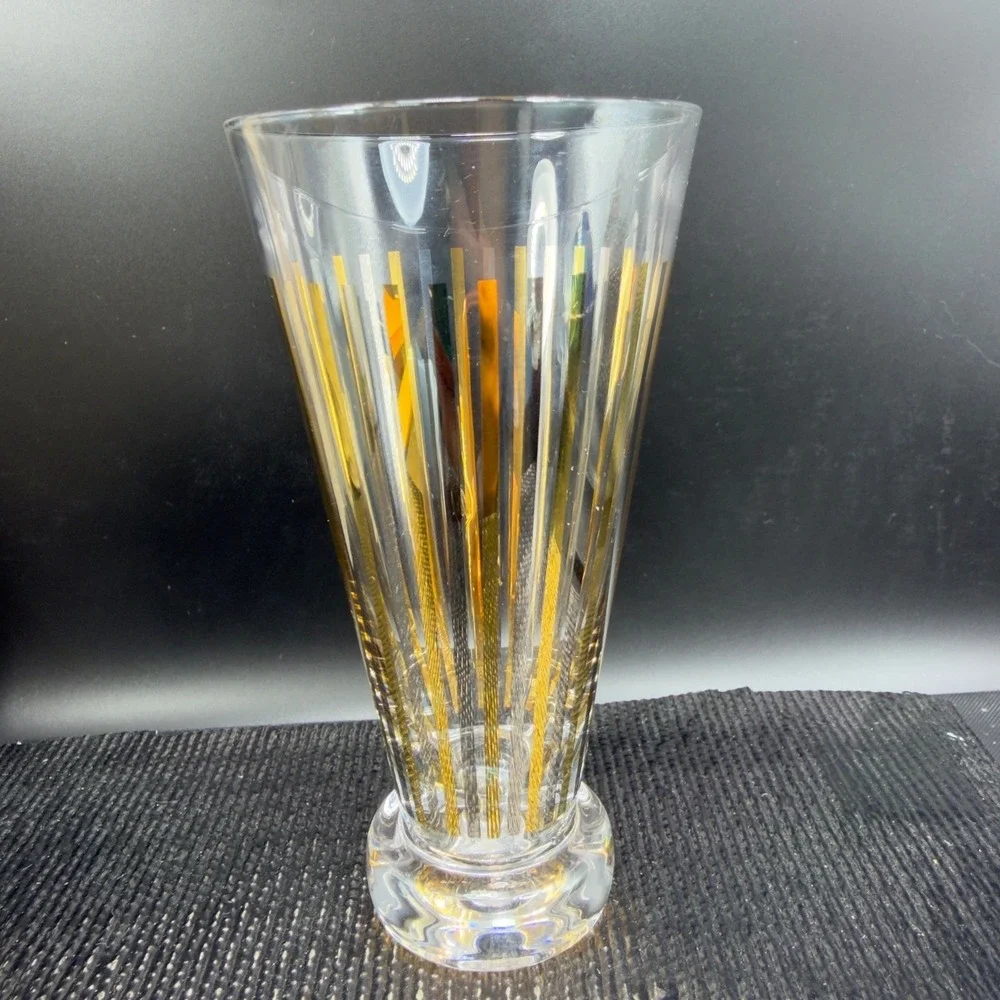 Vintage Mid Century Gold Silver Striped Footed Pilsner Cups Glasses Set of 2 VTG
